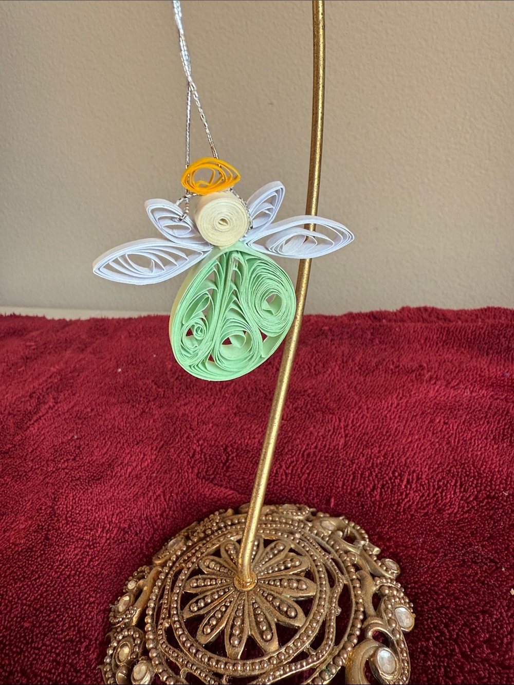 Handmade Quilled Angel Ornament in Mint Green, White & Yellow